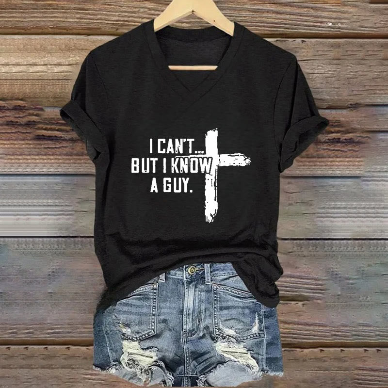 Christianartworkshop Women's I Can't But I Know A Guy Faith Print V-Neck T-shirt - Black - 4XL - image 2