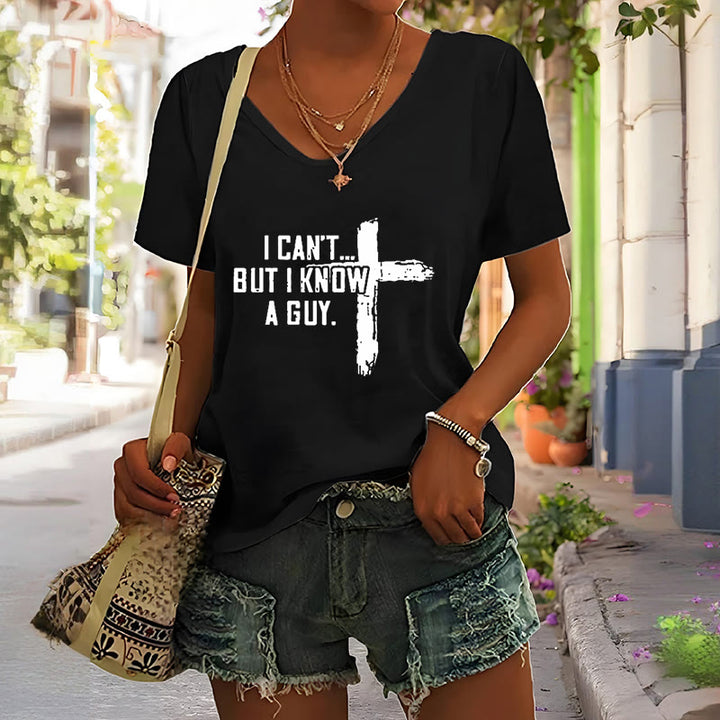 Christianartworkshop Women's I Can't But I Know A Guy Faith Print V-Neck T-shirt - image 3