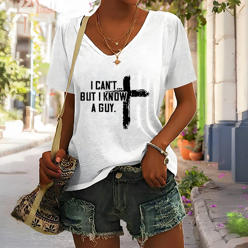 Christianartworkshop Women's I Can't But I Know A Guy Faith Print V-Neck T-shirt - image 1