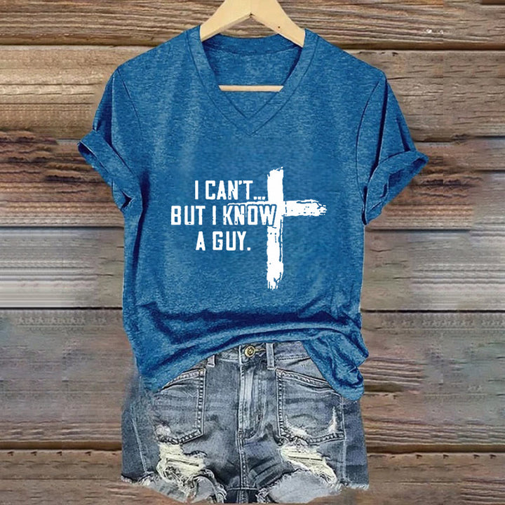 Christianartworkshop Women's I Can't But I Know A Guy Faith Print V-Neck T-shirt - Blue - 4XL - image 6