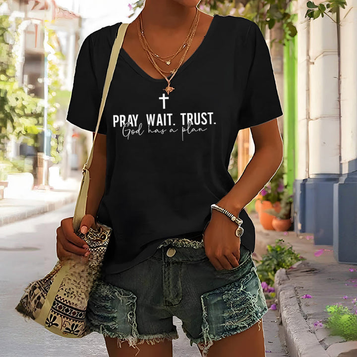 Christianartworkshop Women's Pray Wait Trust God Has a Plan V-Neck T-shirt - image 3