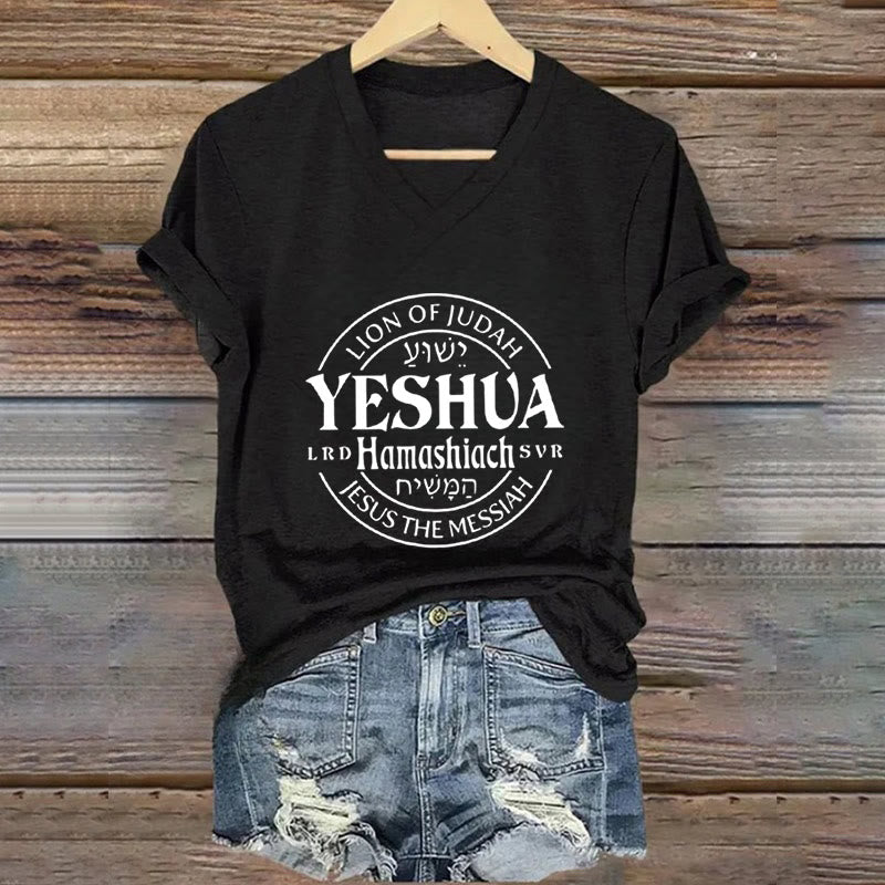 Christianartworkshop Women'S Lion Of Judah Yeshua Printed Casual V-Neck T-shirt - Black - 4XL - image 1