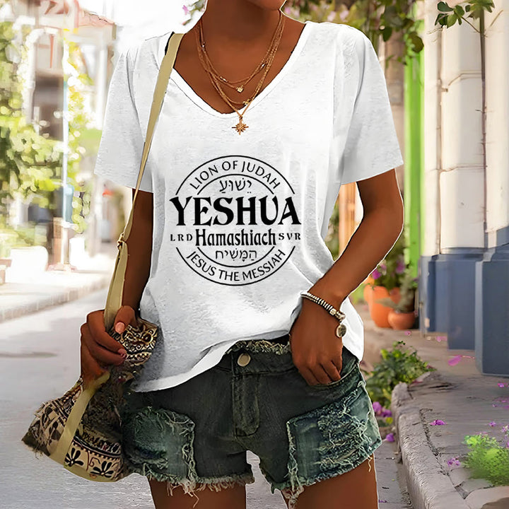 Christianartworkshop Women'S Lion Of Judah Yeshua Printed Casual V-Neck T-shirt - image 3