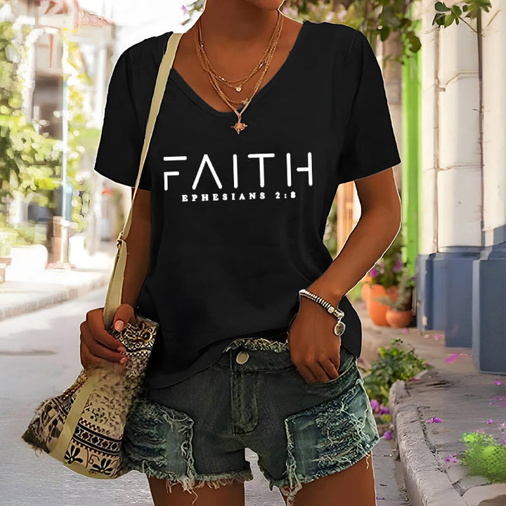 Christianartworkshop Women's Faith Printed Casual V-Neck T-shirt - image 3