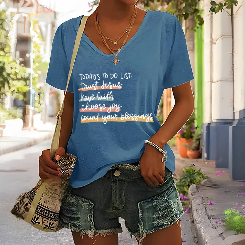 Christianartworkshop Today 's To-Do List Trust Jesus Have Faith Choose Joy Casual V-Neck T-shirt - image 7