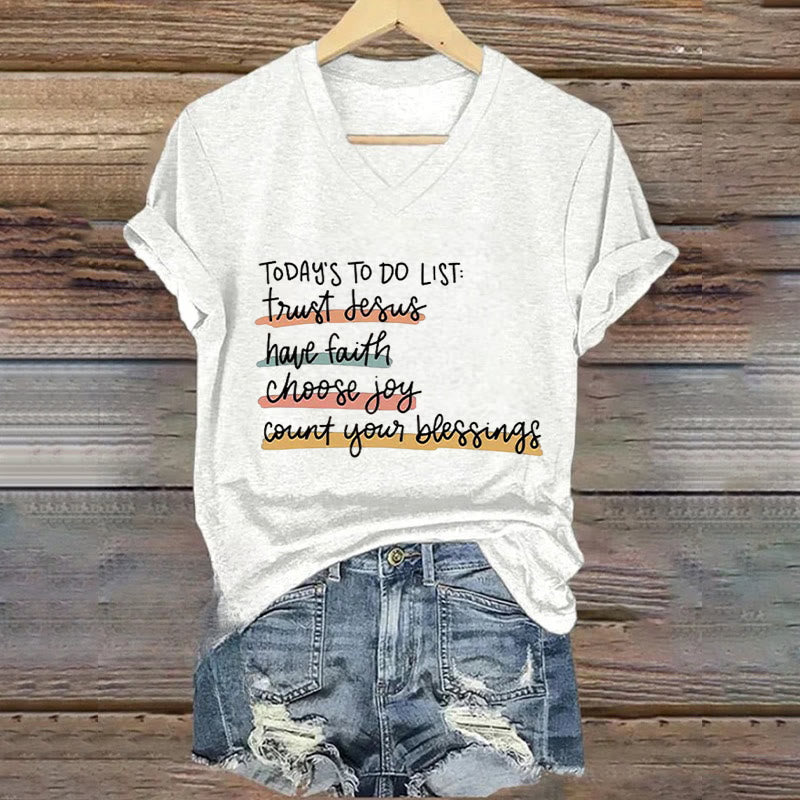 Christianartworkshop Today 's To-Do List Trust Jesus Have Faith Choose Joy Casual V-Neck T-shirt - White - 4XL - image 4