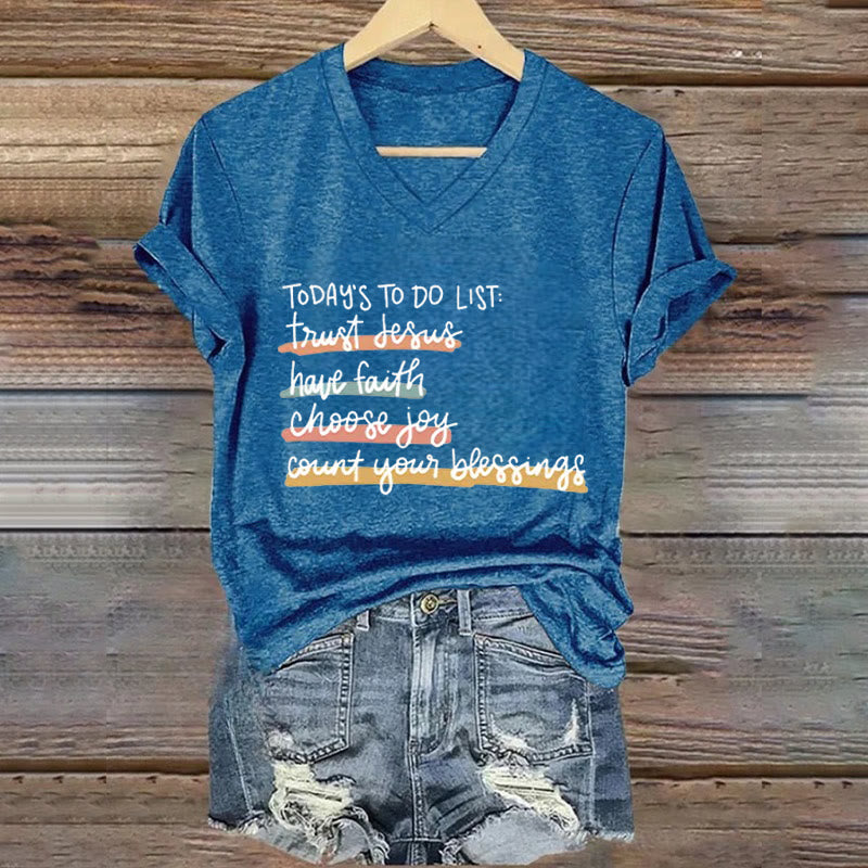 Christianartworkshop Today 's To-Do List Trust Jesus Have Faith Choose Joy Casual V-Neck T-shirt - Blue - 4XL - image 6