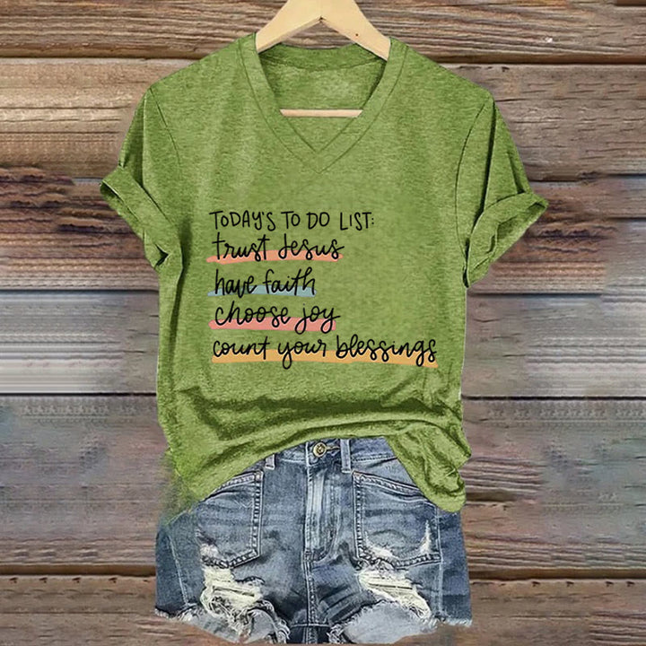 Christianartworkshop Today 's To-Do List Trust Jesus Have Faith Choose Joy Casual V-Neck T-shirt - Green - 4XL - image 0