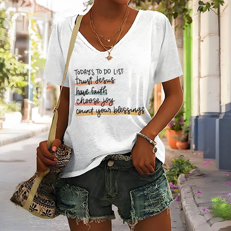Christianartworkshop Today 's To-Do List Trust Jesus Have Faith Choose Joy Casual V-Neck T-shirt - image 5