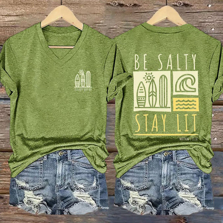 Christianartworkshop Women's Be Salty Stay Lit Printed Casual V-neck T-shirt - Green - 4XL - image 2