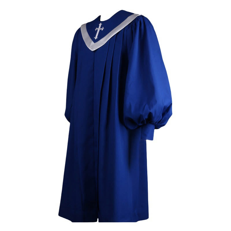 Christianartworkshop Elegant Ceremonial Blue Clergy Robe with White V-Neck Trim & Cross - image 3
