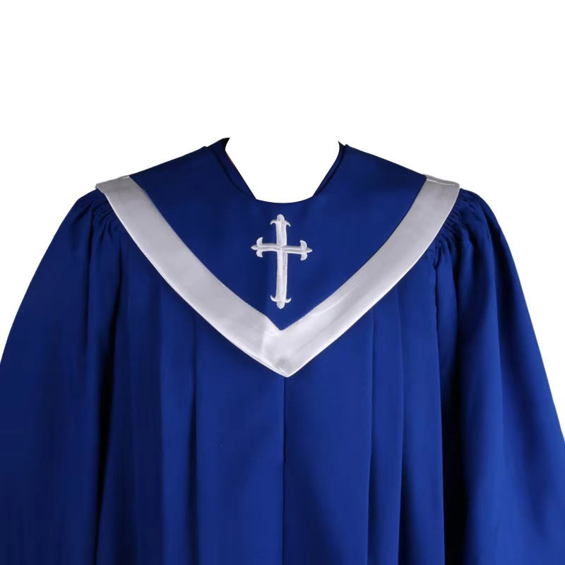 Christianartworkshop Elegant Ceremonial Blue Clergy Robe with White V-Neck Trim & Cross - image 4