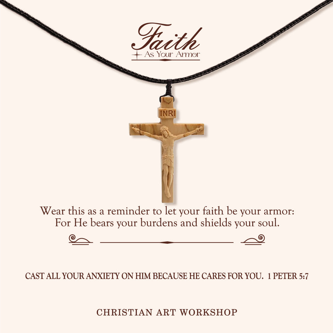 Christianartworkshop FAITH AS YOUR ARMOR: Jesus Crucifix Wooden Necklace - FAITH AS YOUR ARMOR-Light - image 0