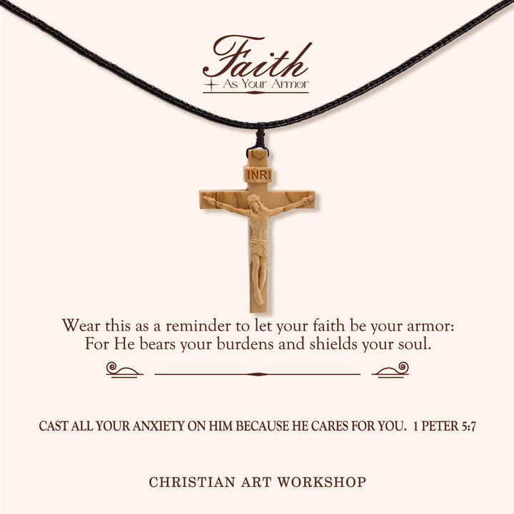 Christianartworkshop FAITH AS YOUR ARMOR: Jesus Crucifix Wooden Necklace - FAITH AS YOUR ARMOR-Light - image 0