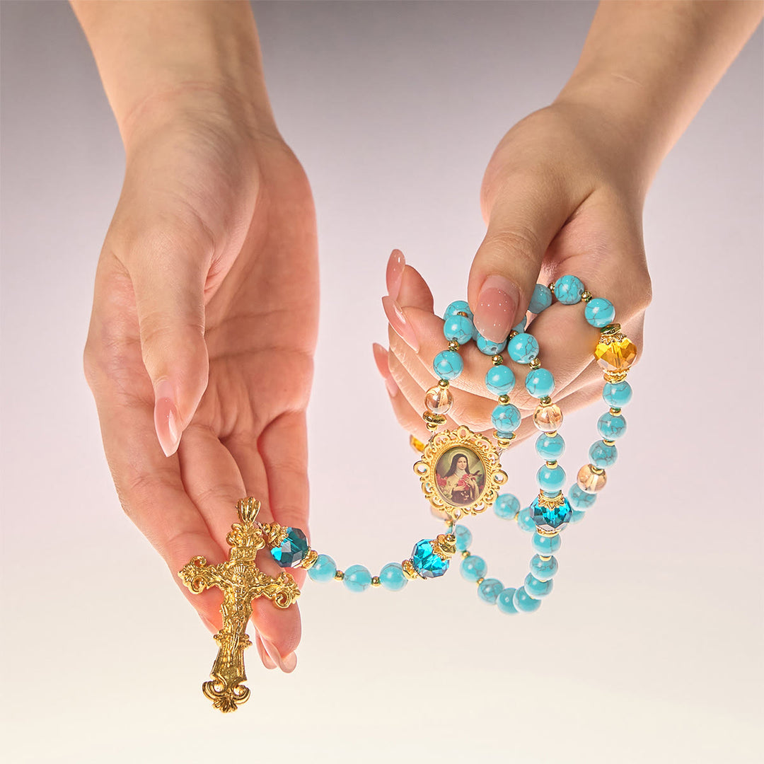 Christianartworkshop Handcrafted Turquoise & Gold Alloy Rosary with Crucifix & St. Therese Medal: Graceful Spiritual Bond - image 4