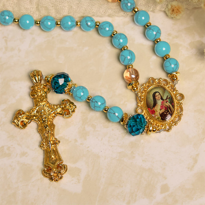 Christianartworkshop Handcrafted Turquoise & Gold Alloy Rosary with Crucifix & St. Therese Medal: Graceful Spiritual Bond - image 11