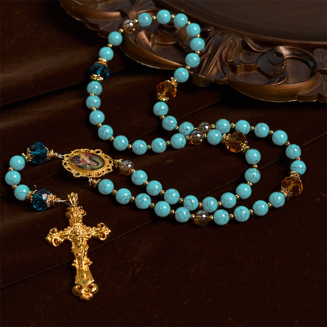 Christianartworkshop Handcrafted Turquoise & Gold Alloy Rosary with Crucifix & St. Therese Medal: Graceful Spiritual Bond - Crucifix & St. Therese Medal - image 1