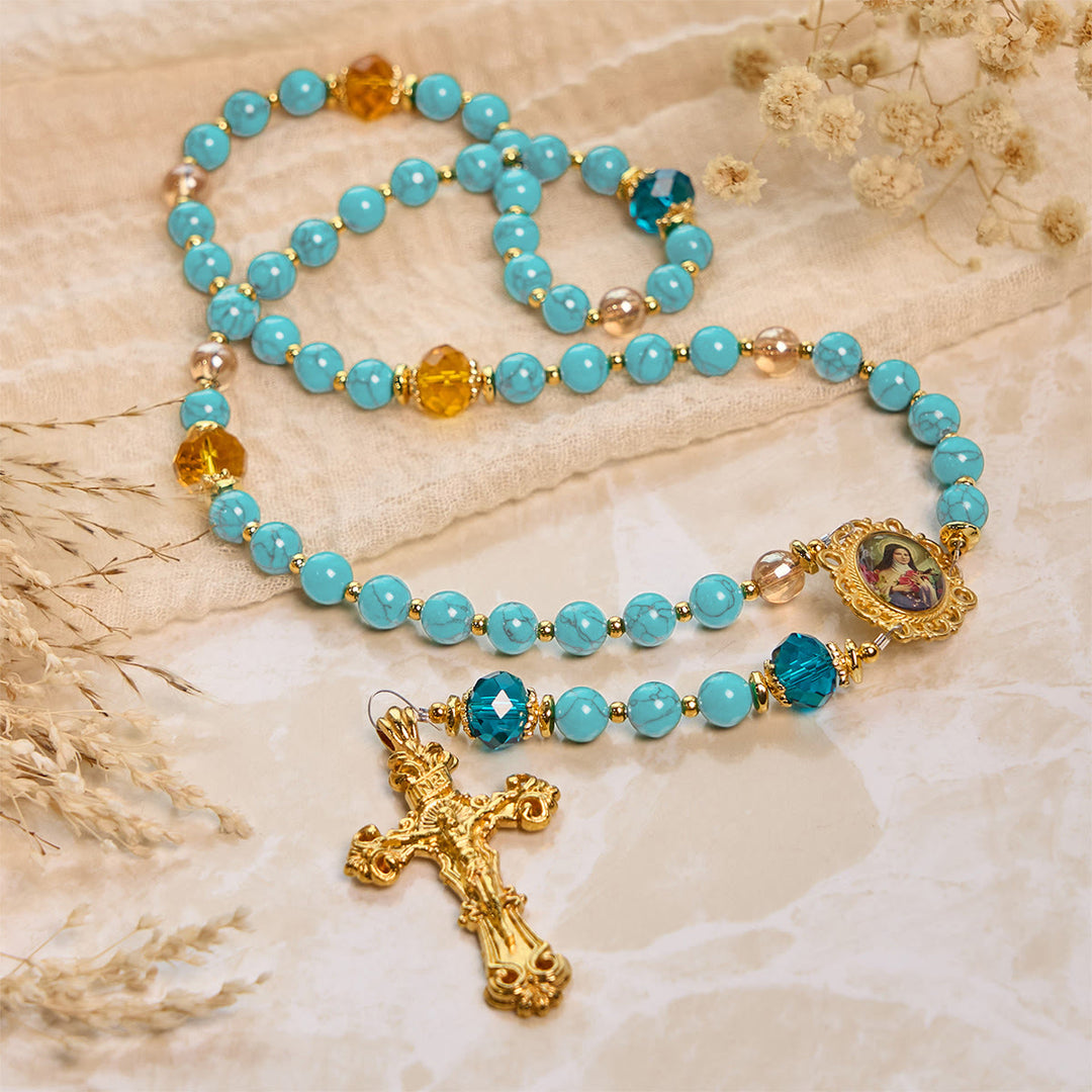 Christianartworkshop Handcrafted Turquoise & Gold Alloy Rosary with Crucifix & St. Therese Medal: Graceful Spiritual Bond - image 9