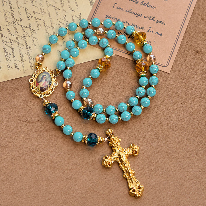 Christianartworkshop PRAYERFUL FAITH: Handcrafted Turquoise & Gold Alloy Rosary with Gift Card - image 3