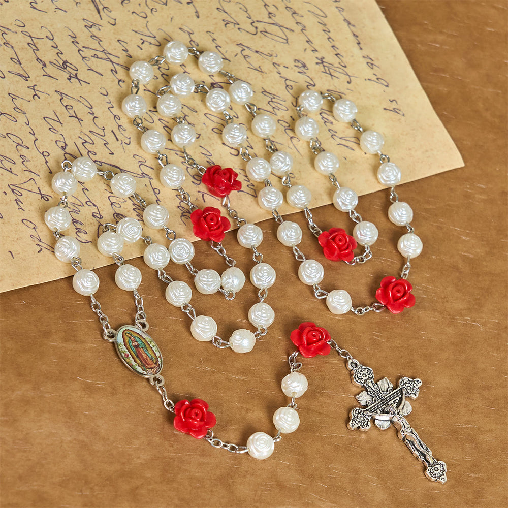 Christianartworkshop Graceful White and Red Rose Beads Rosary with Blessing Crucifix & Our Lady - image 1