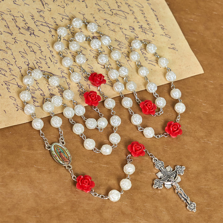 Christianartworkshop Graceful White and Red Rose Beads Rosary with Blessing Crucifix & Our Lady - image 1