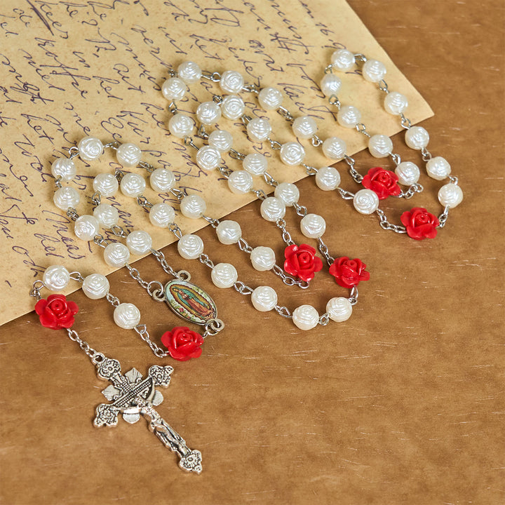Christianartworkshop Graceful White and Red Rose Beads Rosary with Blessing Crucifix & Our Lady - image 3