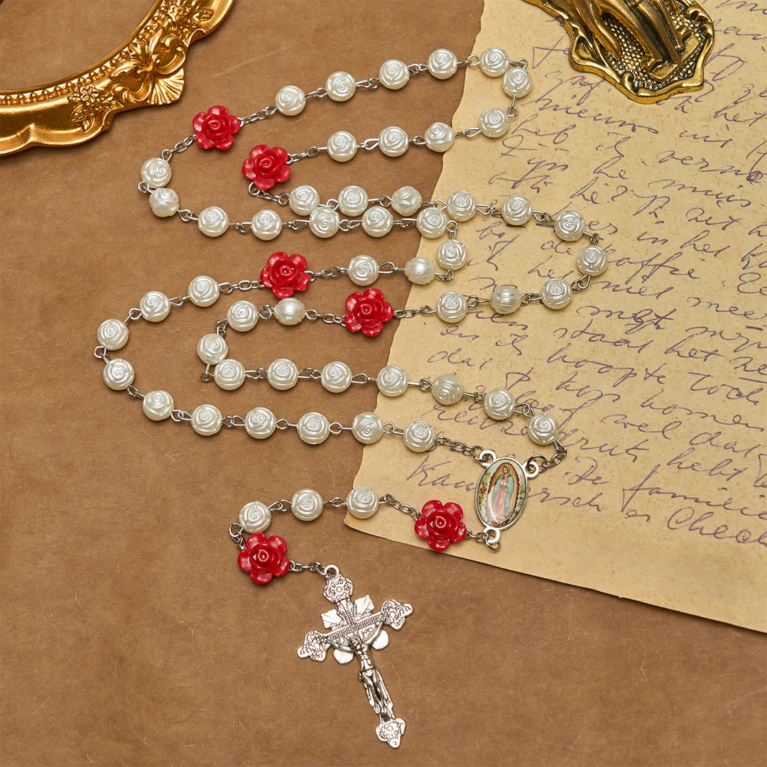 Christianartworkshop Graceful White and Red Rose Beads Rosary with Blessing Crucifix & Our Lady - Rose - image 0
