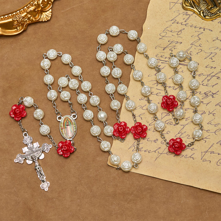 Christianartworkshop Graceful White and Red Rose Beads Rosary with Blessing Crucifix & Our Lady - image 2