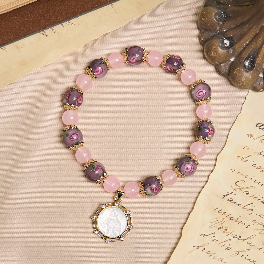 Christianartworkshop Handmade Rose Quartz Faith Crystal Bracelet with Narce Cameo of Virgin Mary - image 2