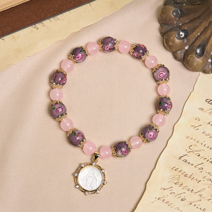 Christianartworkshop Handmade Rose Quartz Faith Crystal Bracelet with Narce Cameo of Virgin Mary - image 2