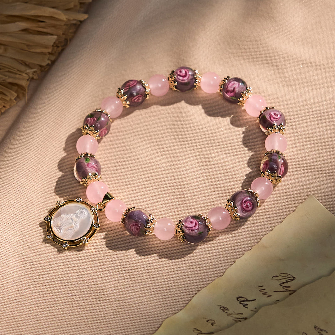 Christianartworkshop Handmade Rose Quartz Faith Crystal Bracelet with Narce Cameo of Virgin Mary - Rose Quartz - image 0