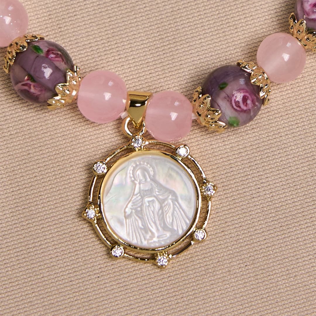 Christianartworkshop Handmade Rose Quartz Faith Crystal Bracelet with Narce Cameo of Virgin Mary - image 4