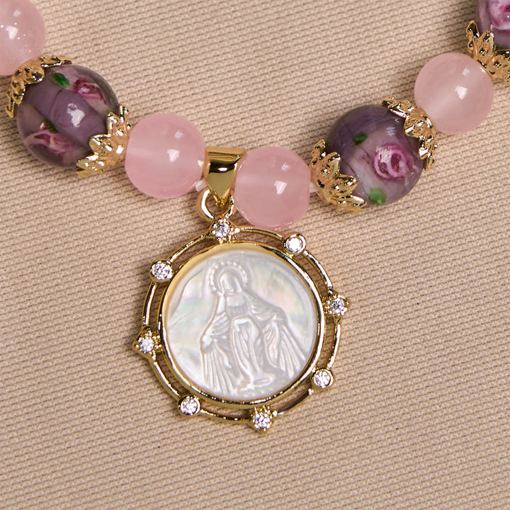 Christianartworkshop Handmade Rose Quartz Faith Crystal Bracelet with Narce Cameo of Virgin Mary - image 4