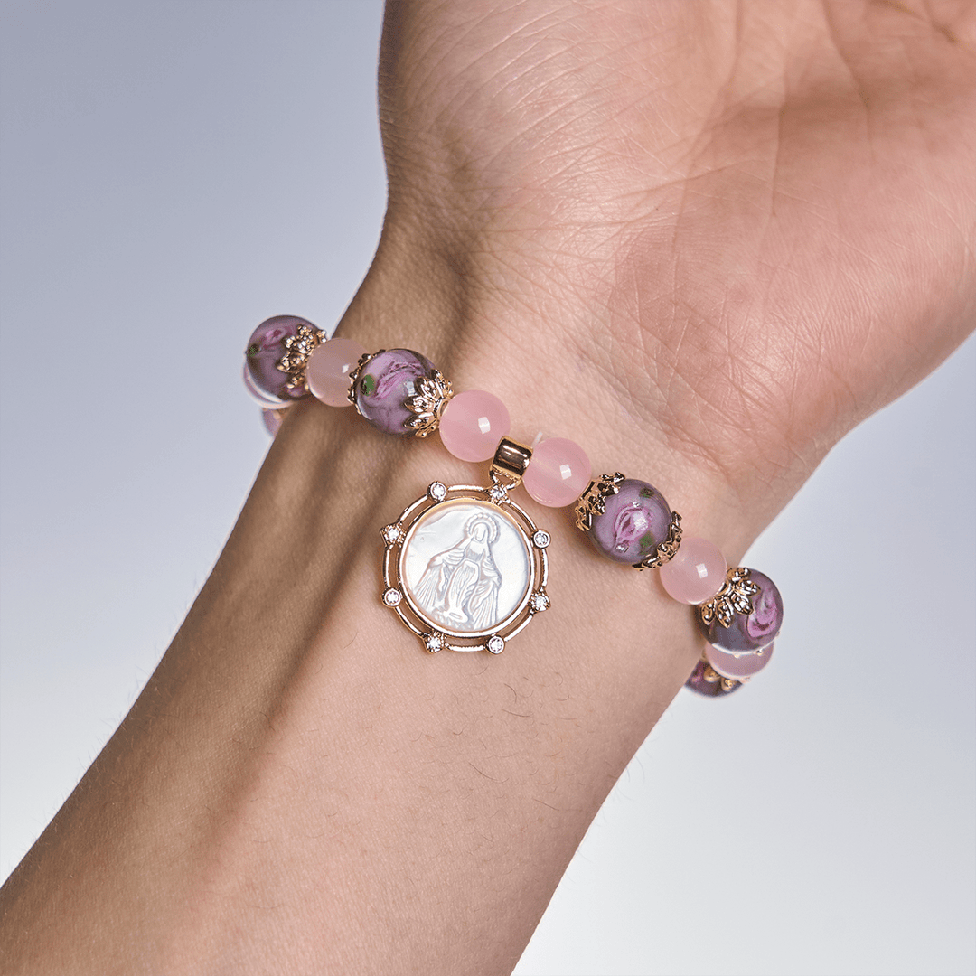 Christianartworkshop Handmade Rose Quartz Faith Crystal Bracelet with Narce Cameo of Virgin Mary - image 1