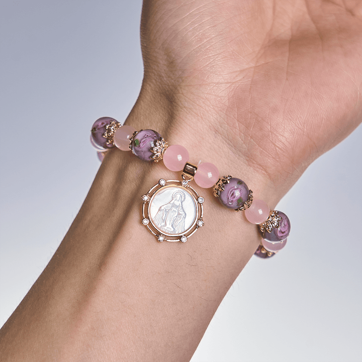 Christianartworkshop Handmade Rose Quartz Faith Crystal Bracelet with Narce Cameo of Virgin Mary - image 1