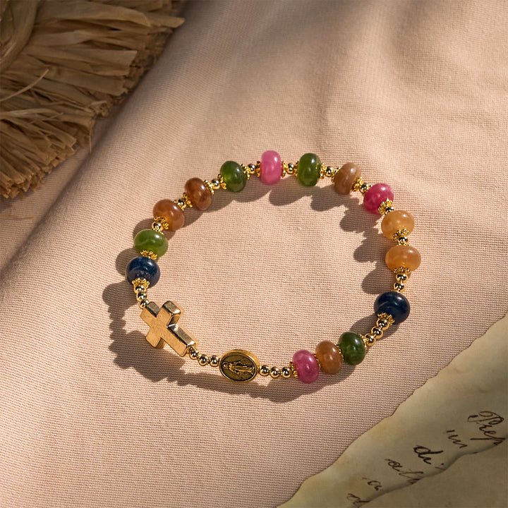 Christianartworkshop Tourmaline Abacus Beads Bracelet Featuring Cross and Miraculous Medal - Wrist Circumference: 5.91''-7.08''/15-18cm - image 0