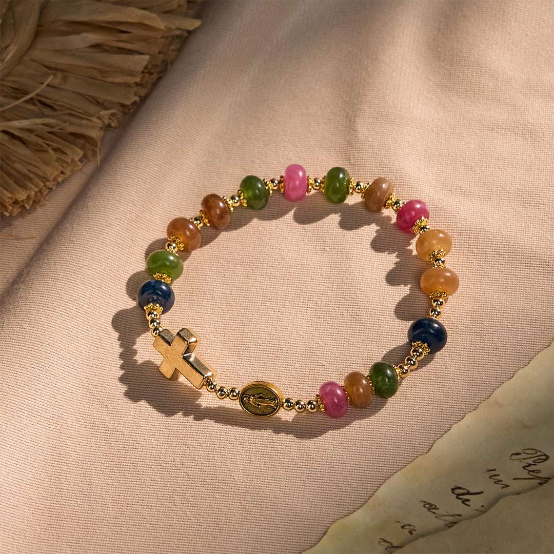 Christianartworkshop Tourmaline Abacus Beads Bracelet Featuring Cross and Miraculous Medal - Multicolor - image 1