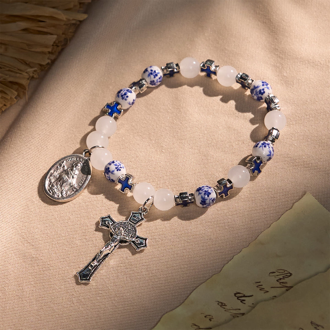 Christianartworkshop Elegant White and Blue Floral Bracelets Adorned by Miraculous Medal & Blue Cross - Wrist Circumference: 6.3''-7.5''/16-19cm - image 0