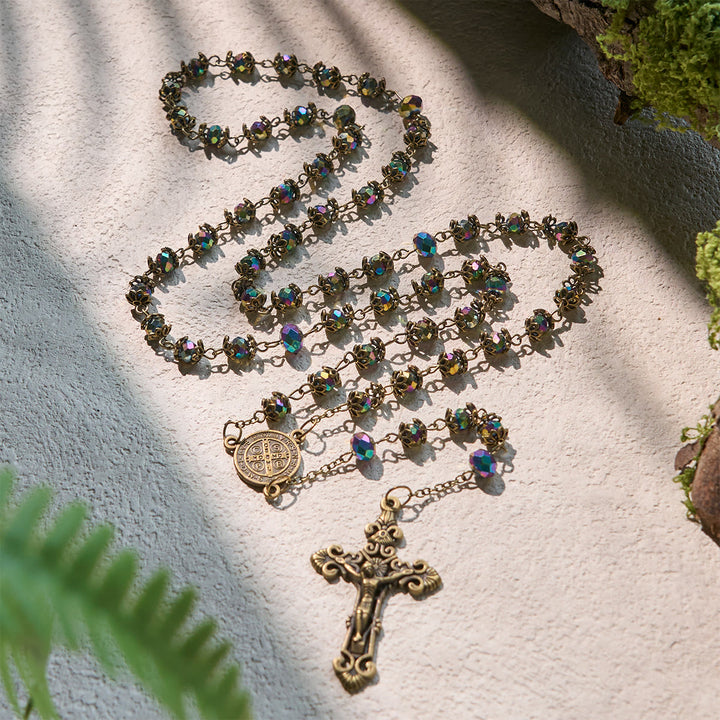 Christianartworkshop Faithful Hematite Rosary Featuring Bronze Crucifix and Saint Benedict Charm - Crucifix & St. Benedict - image 0
