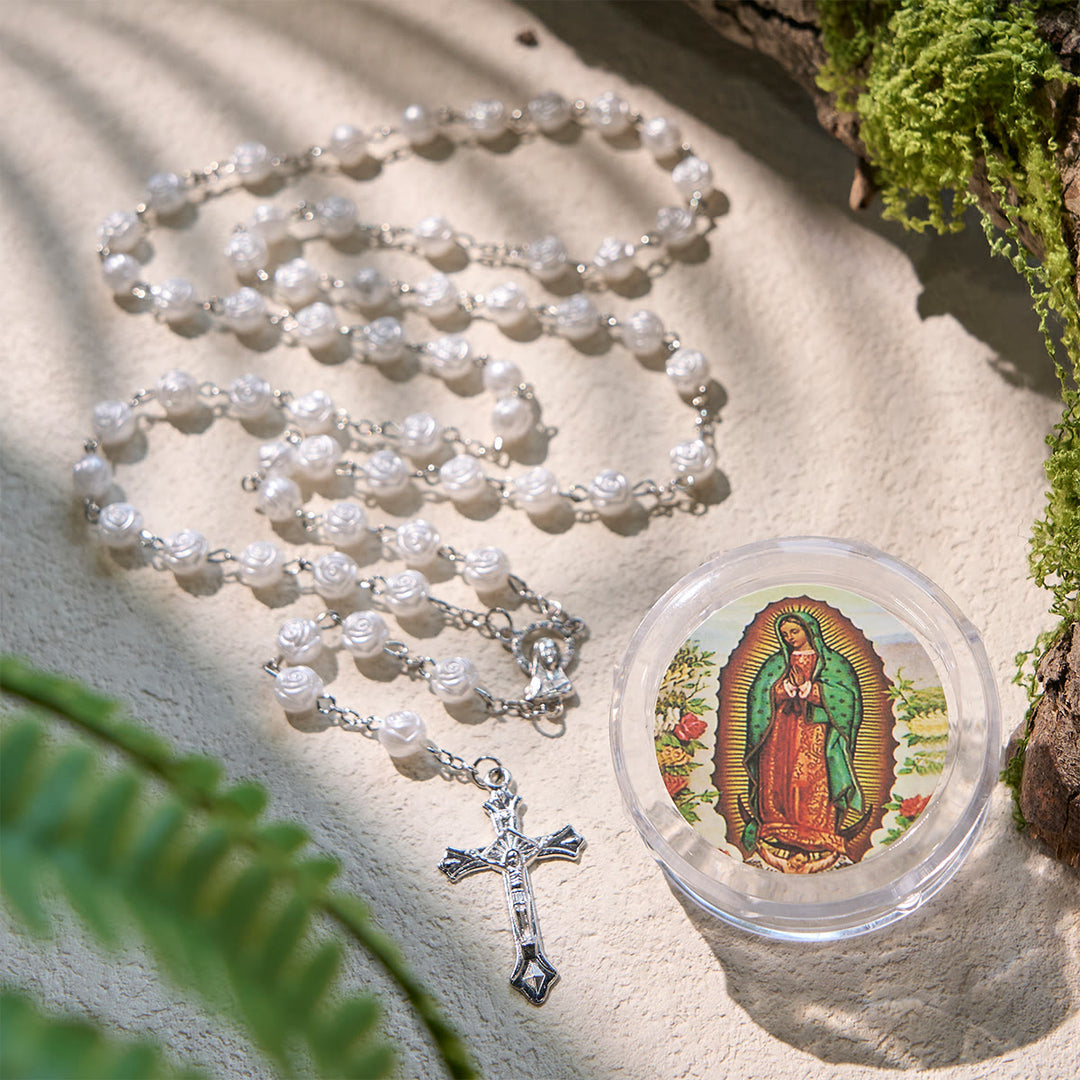 Christianartworkshop Elegant White Rose Devotional Beads Rosary with Our Lady Box for Blessings - Silver - image 1