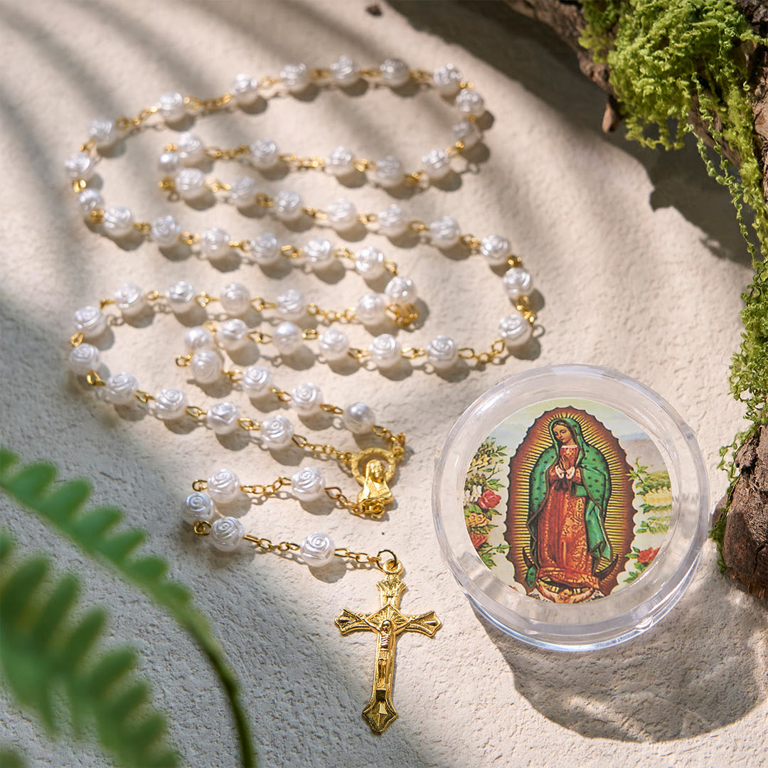 Christianartworkshop Elegant White Rose Devotional Beads Rosary with Our Lady Box for Blessings - Golden - image 0