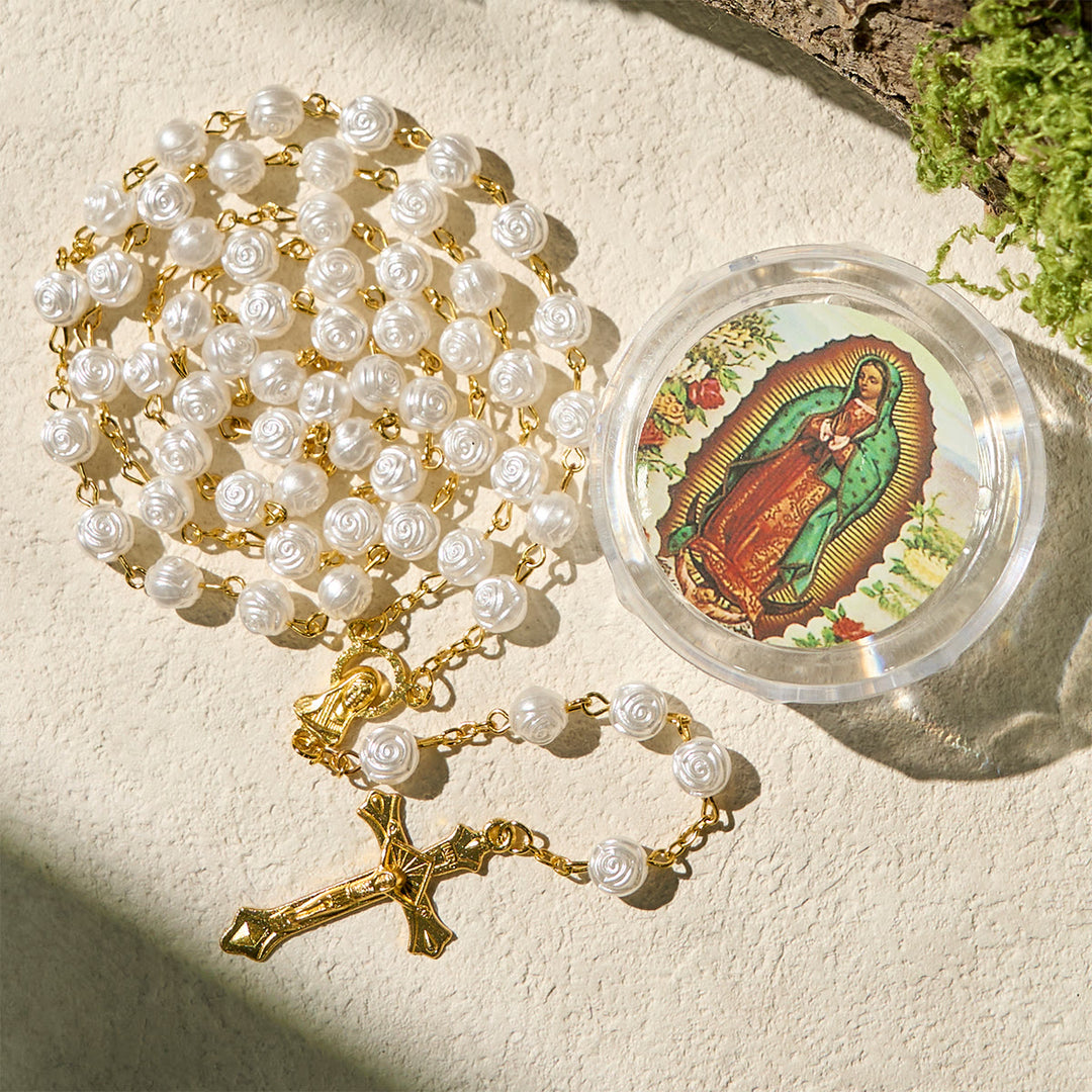 Christianartworkshop Elegant White Rose Devotional Beads Rosary with Our Lady Box for Blessings - image 2