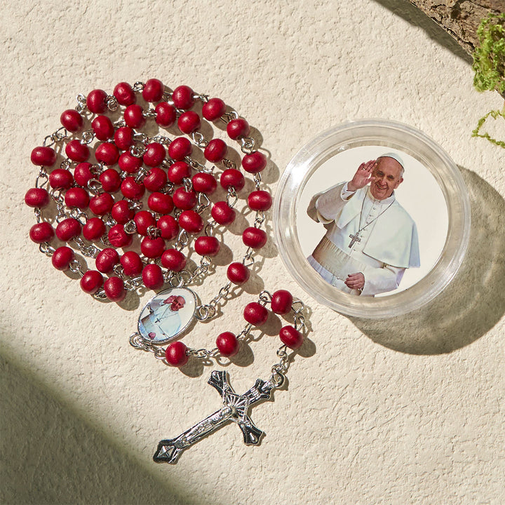 Christianartworkshop Divine Wooden Rosary in Red and White with Pope Francis Blessing Case - image 2