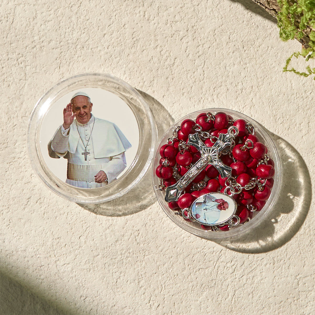 Christianartworkshop Divine Wooden Rosary in Red and White with Pope Francis Blessing Case - image 6