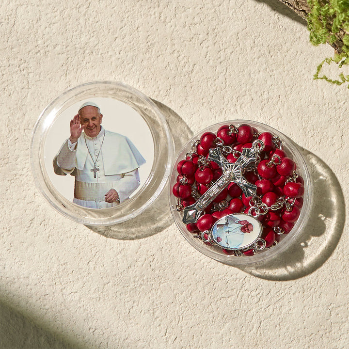 Christianartworkshop Divine Wooden Rosary in Red and White with Pope Francis Blessing Case - image 6
