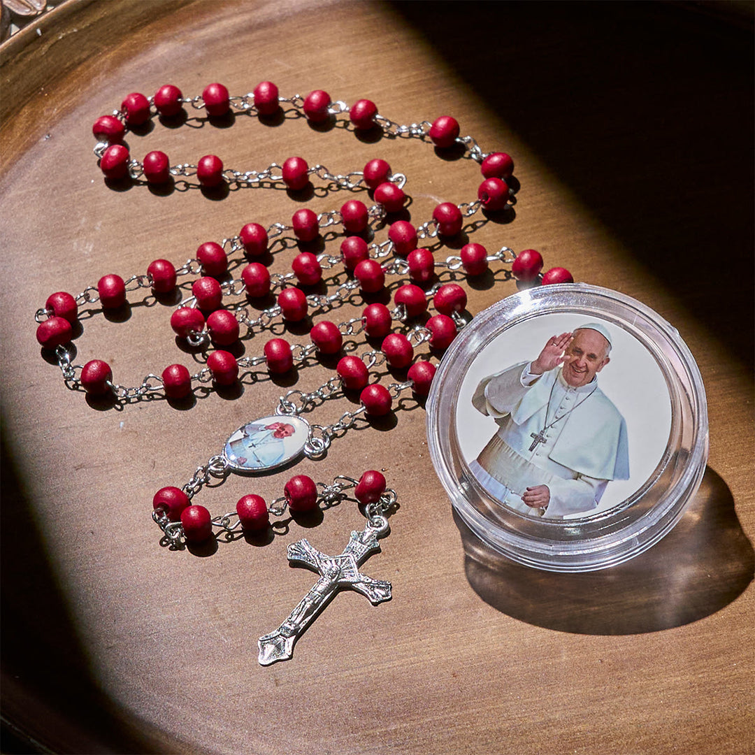 Christianartworkshop Divine Wooden Rosary in Red and White with Pope Francis Blessing Case - image 4