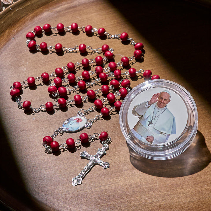 Christianartworkshop Divine Wooden Rosary in Red and White with Pope Francis Blessing Case - image 4