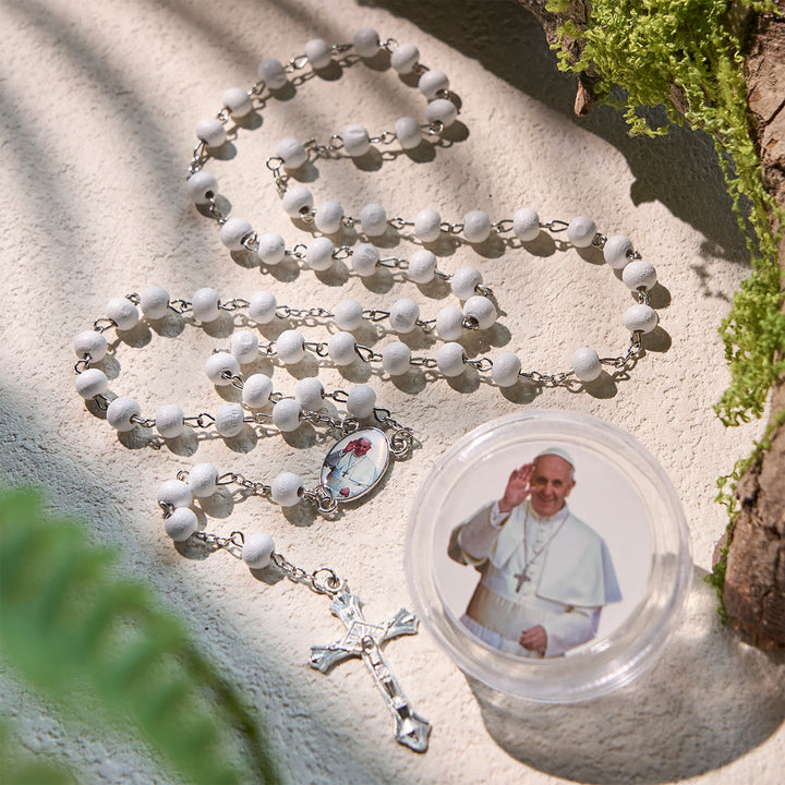 Christianartworkshop Divine Wooden Rosary in Red and White with Pope Francis Blessing Case - White - image 1