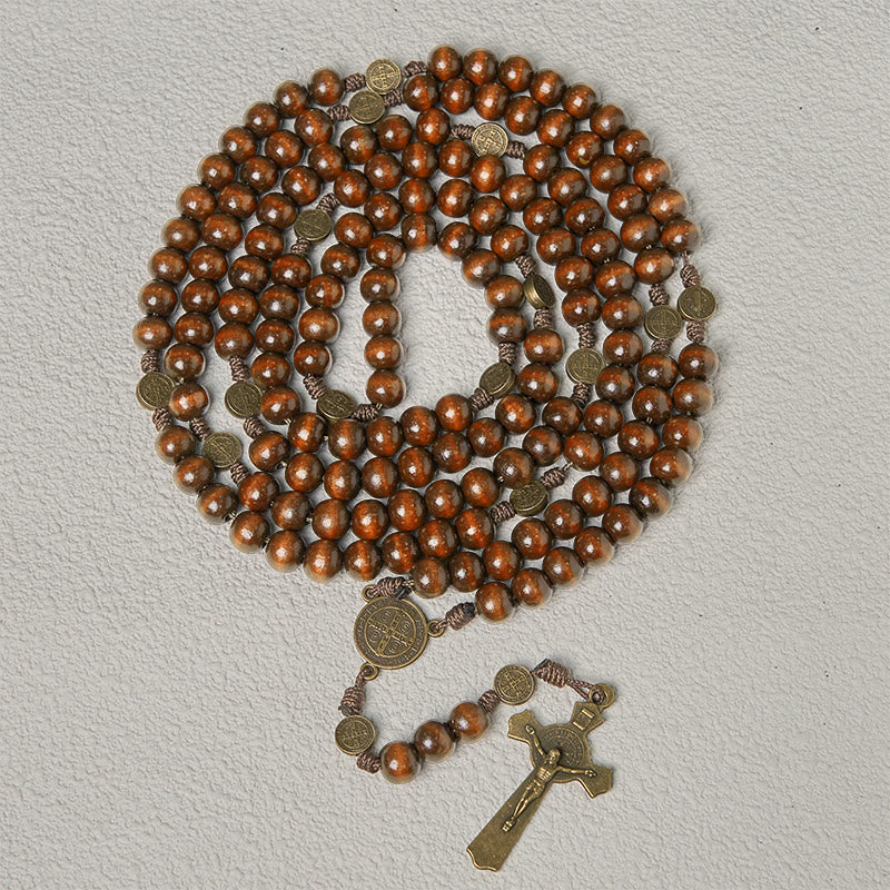Christianartworkshop 15/20 Decade Olive Wood Rosary with St. Benedict, Crucifix & Waist Chain Design—Divine Devotion in Dual Use - 15 Decade - Brown - image 14