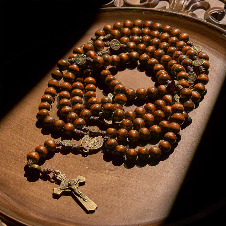 Christianartworkshop 15/20 Decade Olive Wood Rosary with St. Benedict, Crucifix & Waist Chain Design—Divine Devotion in Dual Use - 20 Decade - Brown - image 16